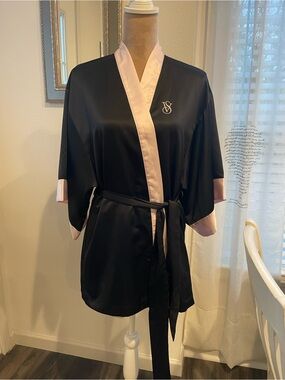 Satin  Victoria’s Secret Black & Light Pink Satin Robe with Monogram